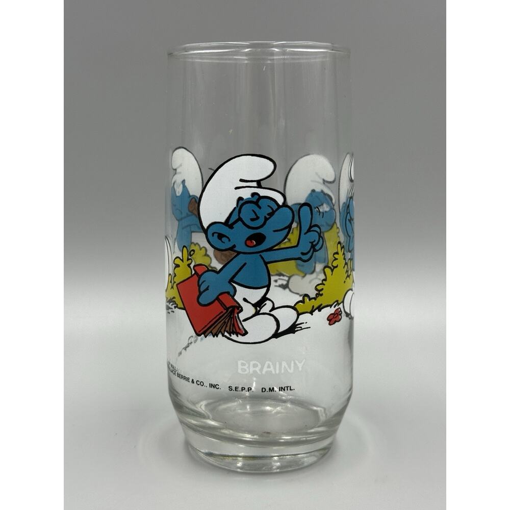 Vintage 1982 Smurfs Drinking Glass Brainy Smurf Wallace Berrie Co Peyo